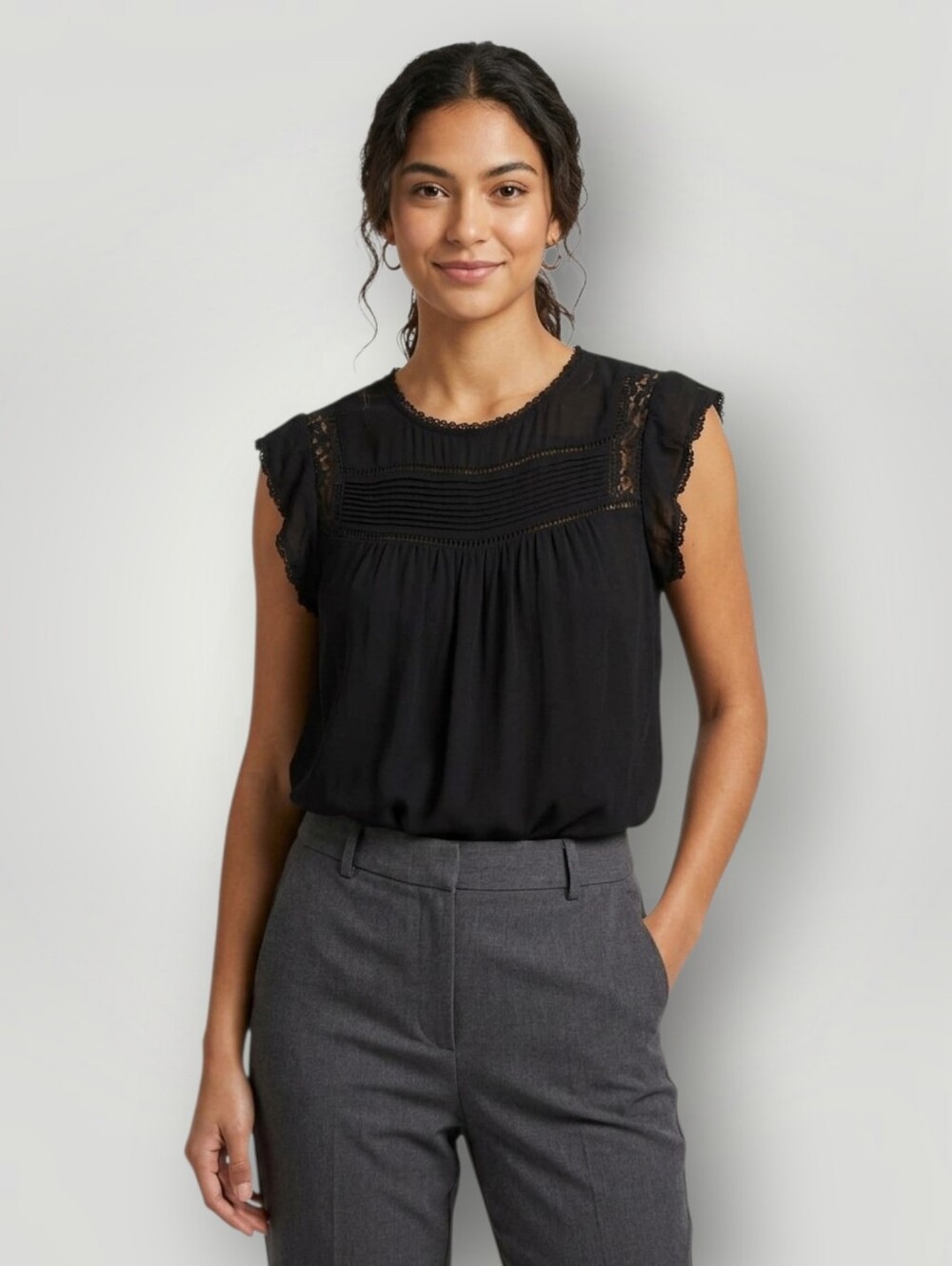 Meadow Rue Anthropologie Black Lace Yoke Blouse Women's Medium Boho Cap Sleeve